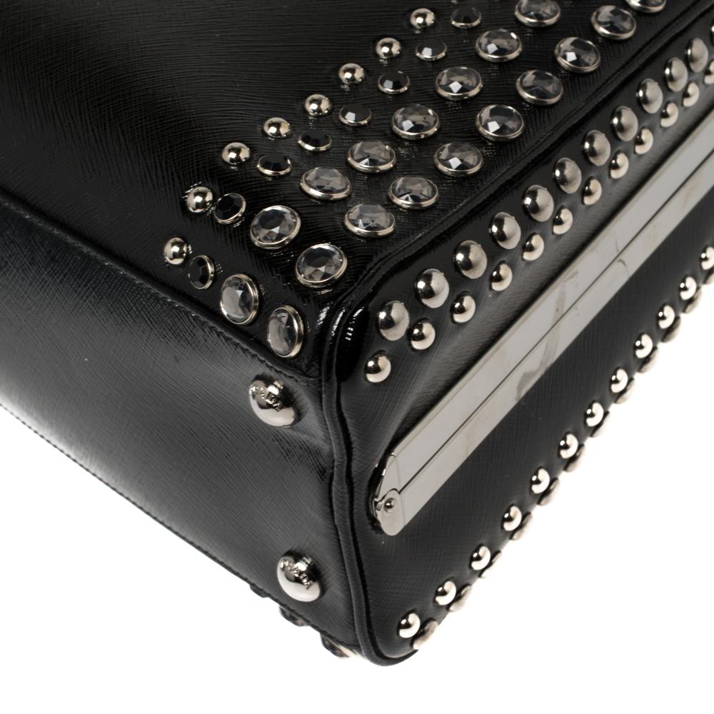 Prada Black Saffiano Vernic Patent Leather Studded Pyramid Frame Satchel 3