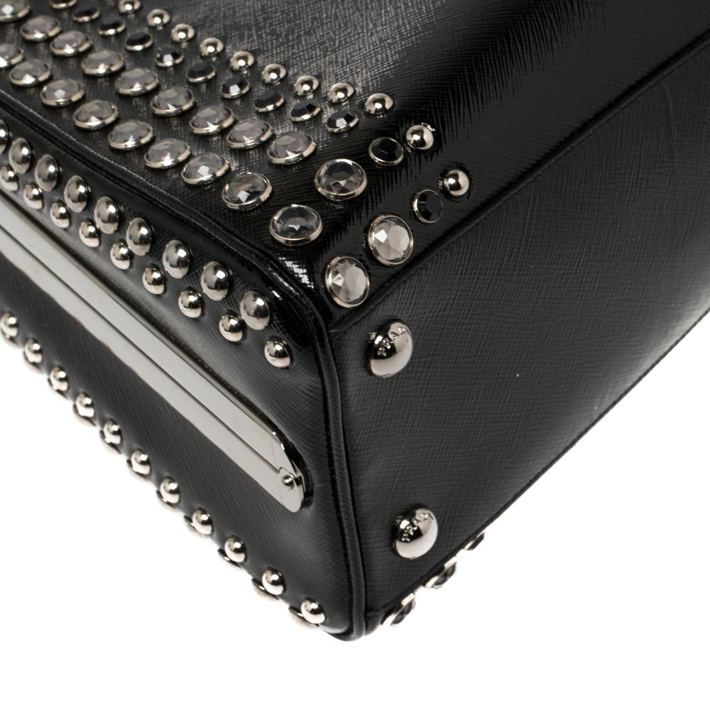 Prada Black Saffiano Vernic Patent Leather Studded Pyramid Frame Satchel 4