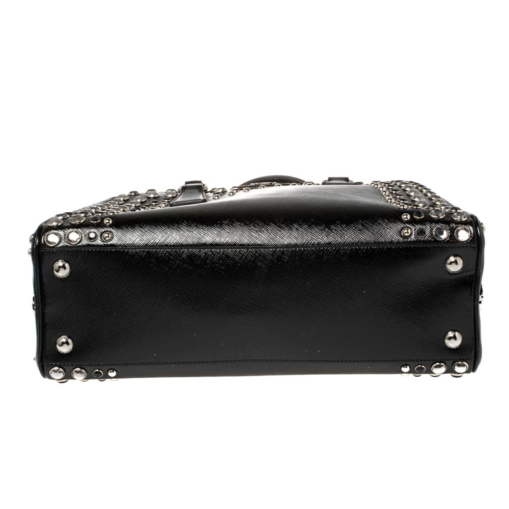 Prada Black Saffiano Vernic Patent Leather Studded Pyramid Frame Satchel 5