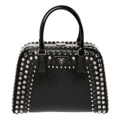 Prada Black Saffiano Vernic Patent Leather Studded Pyramid Frame Satchel