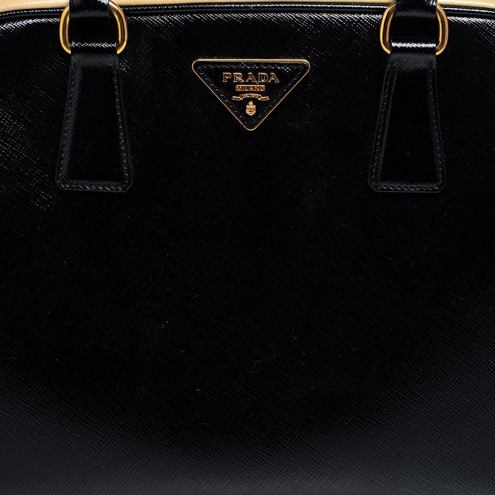 Prada Black Saffiano Vernice Leather Pyramid Frame Satchel 4