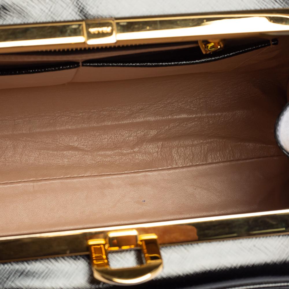 Prada Black Saffiano Vernice Leather Pyramid Frame Satchel 6