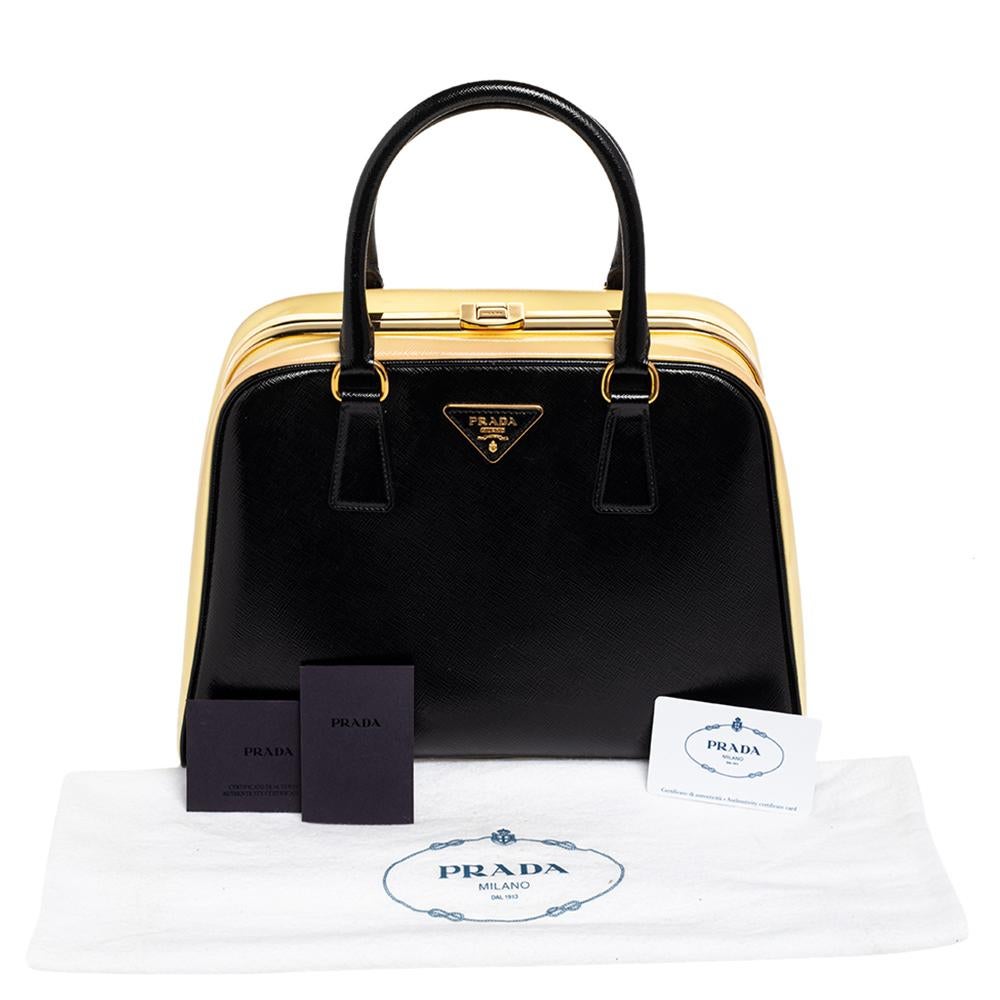 Prada Black Saffiano Vernice Leather Pyramid Frame Satchel 5