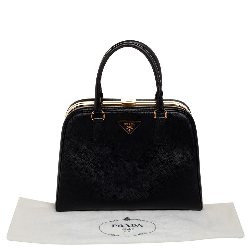 Prada Black Saffiano Vernice Leather Pyramid Frame Satchel 8