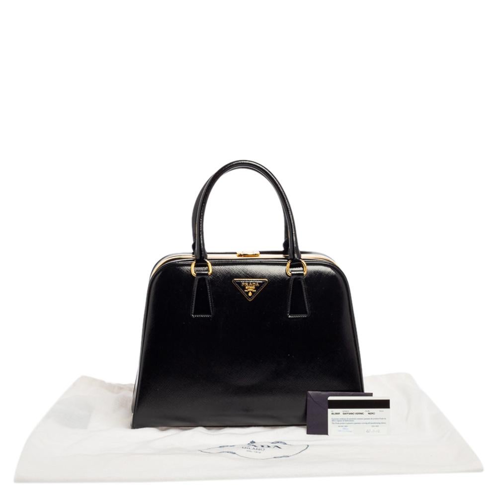 Prada Black Saffiano Vernice Leather Pyramid Frame Satchel 8