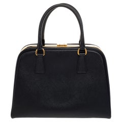 Prada Black Saffiano Vernice Leather Pyramid Frame Satchel