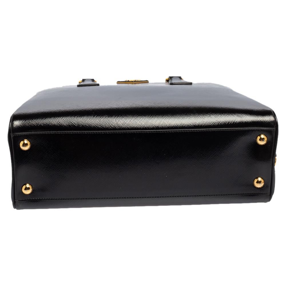 Women's Prada Black Saffiano Vernice Leather Pyramid Frame Satchel