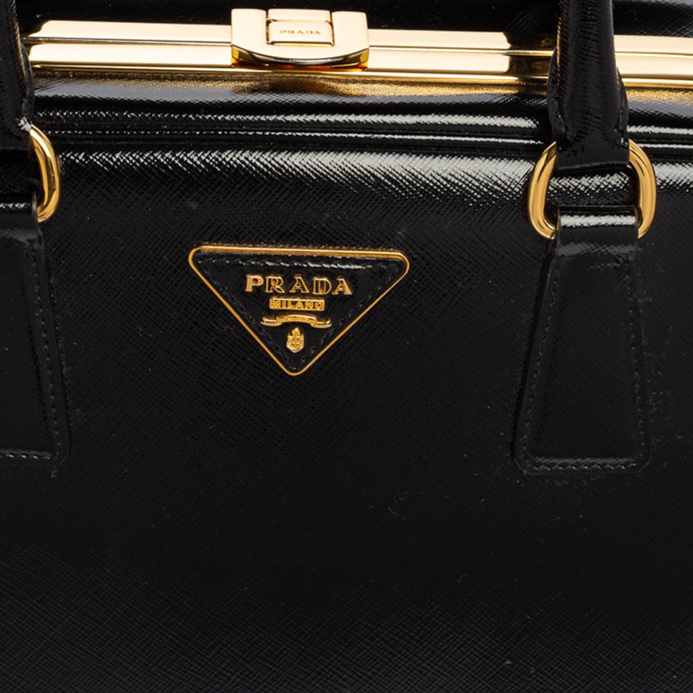 Prada Black Saffiano Vernice Leather Pyramid Frame Satchel 1