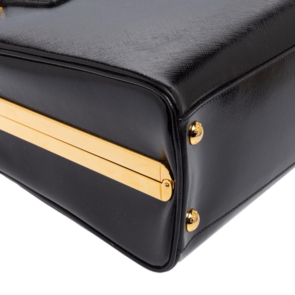 Prada Black Saffiano Vernice Leather Pyramid Frame Satchel 2