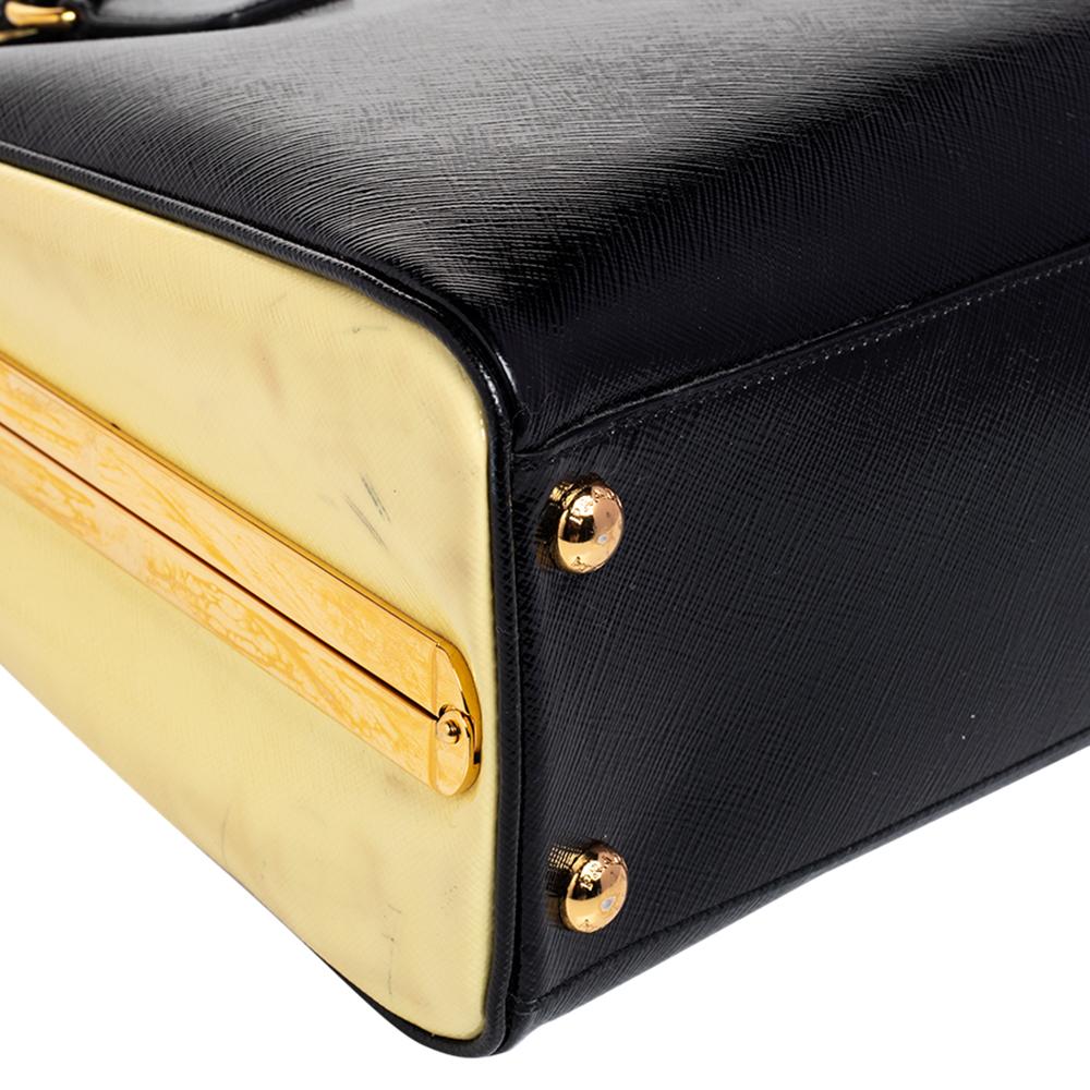 Prada Black Saffiano Vernice Leather Pyramid Frame Satchel 1
