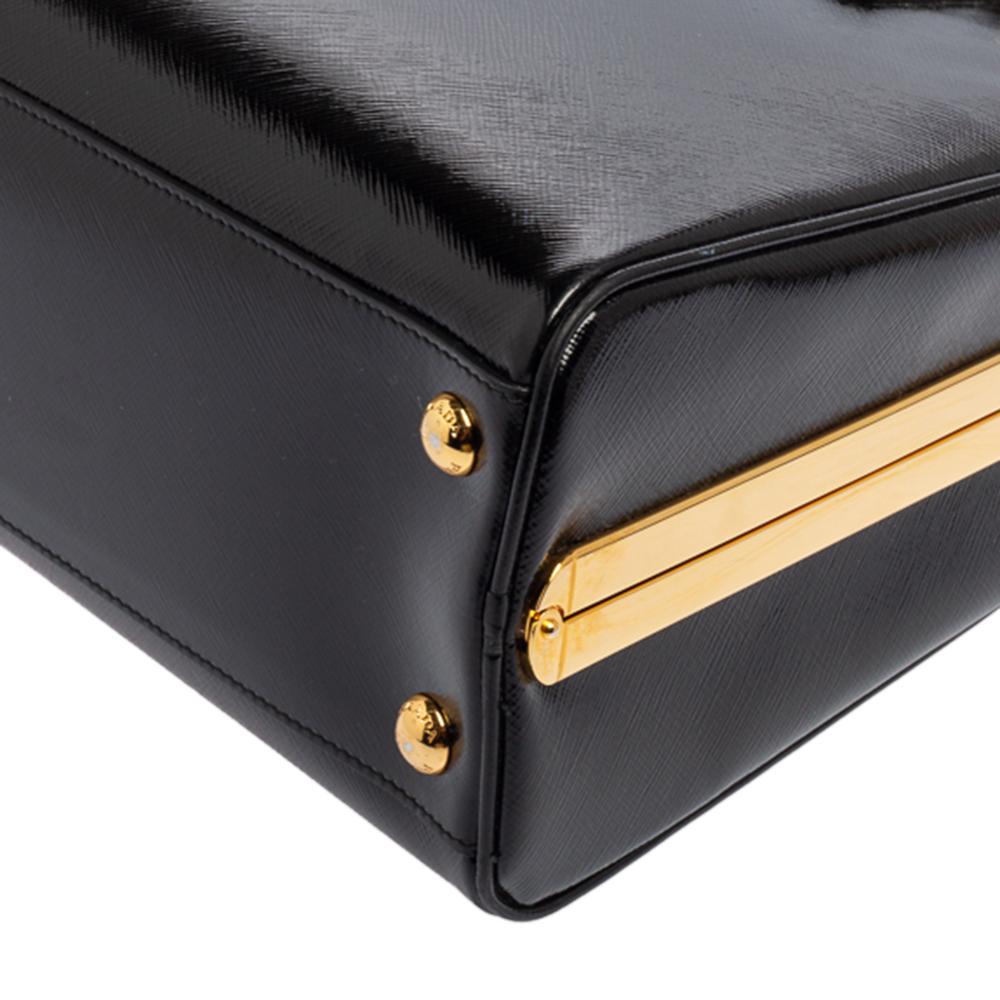 Prada Black Saffiano Vernice Leather Pyramid Frame Satchel 3