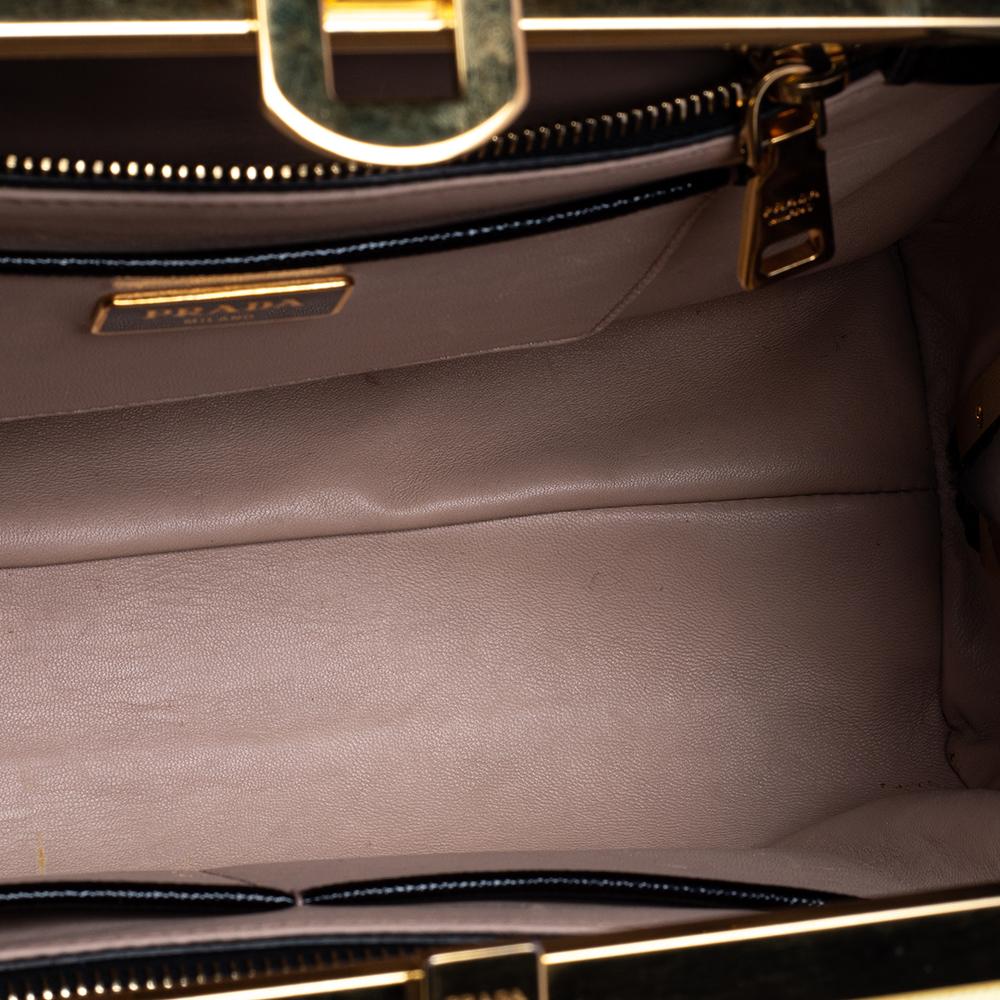Prada Black Saffiano Vernice Leather Pyramid Frame Satchel 2