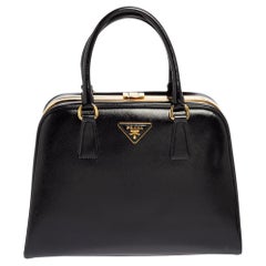 Prada Black Saffiano Vernice Leather Pyramid Frame Satchel