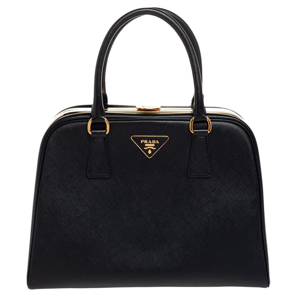 Prada Black Saffiano Vernice Leather Pyramid Frame Satchel