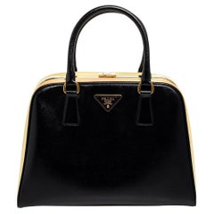 Prada Black Saffiano Vernice Leather Pyramid Frame Satchel