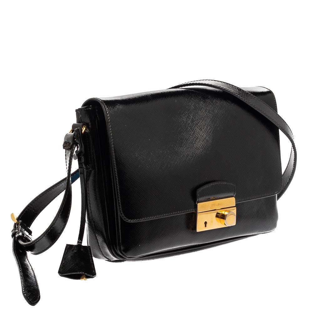 Women's Prada Black Saffiano Vernice Leather Sound Shoulder Bag