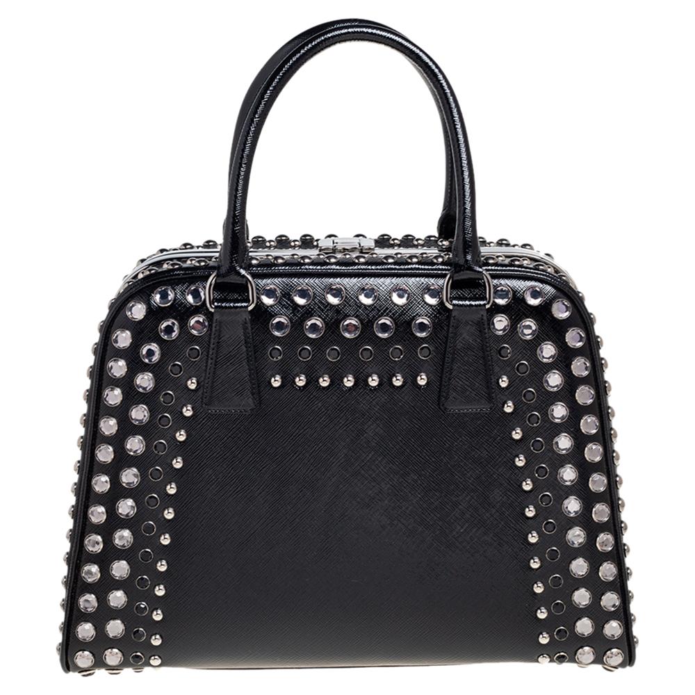 Prada Black Saffiano Vernice Leather Studded Pyramid Frame Satchel 2