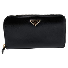 Prada Black Saffiano Vernice Leather Zip Around Wallet