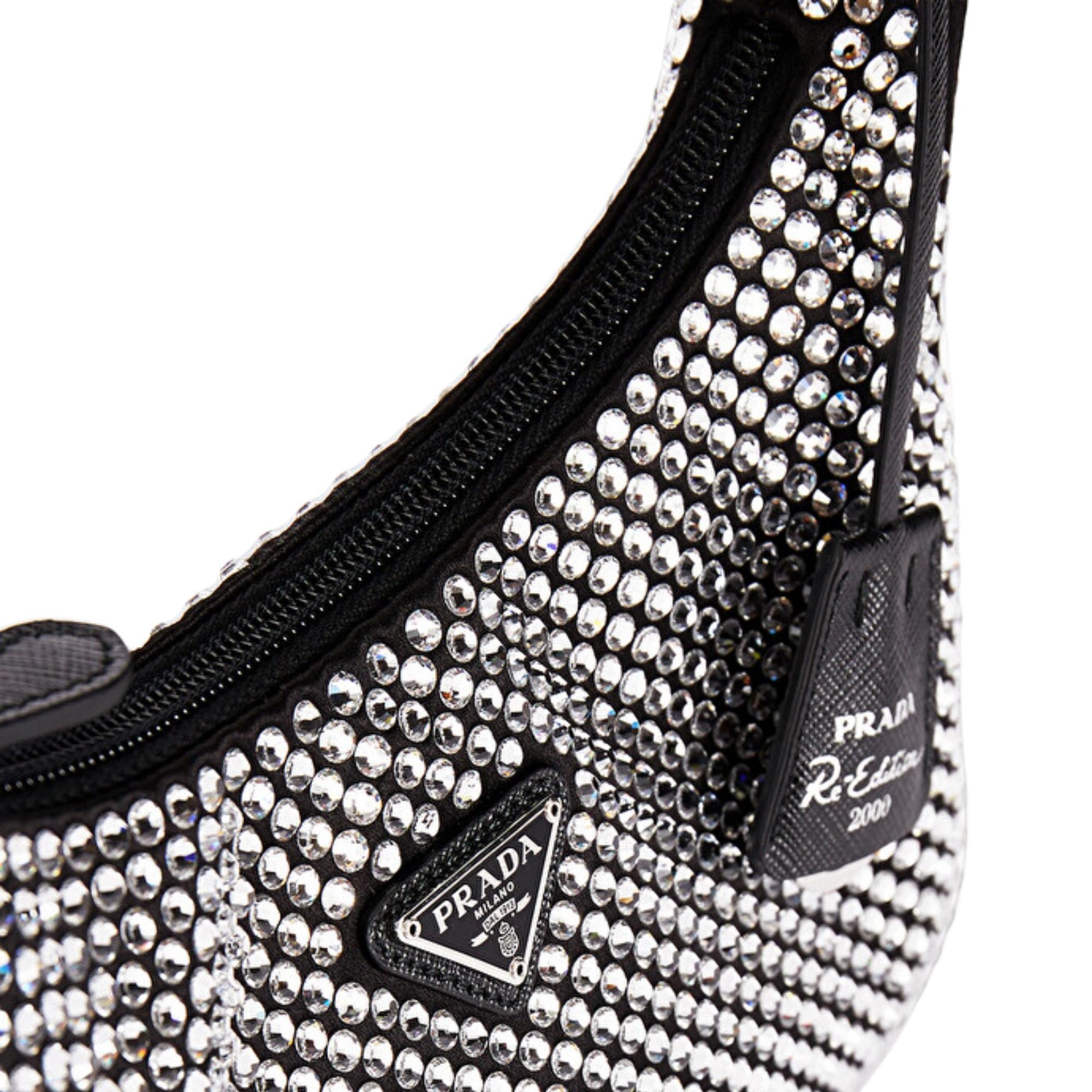 Women's or Men's Prada Black Satin 2021 Crystal Re-edition 2000 Shoulder Bag For Sale