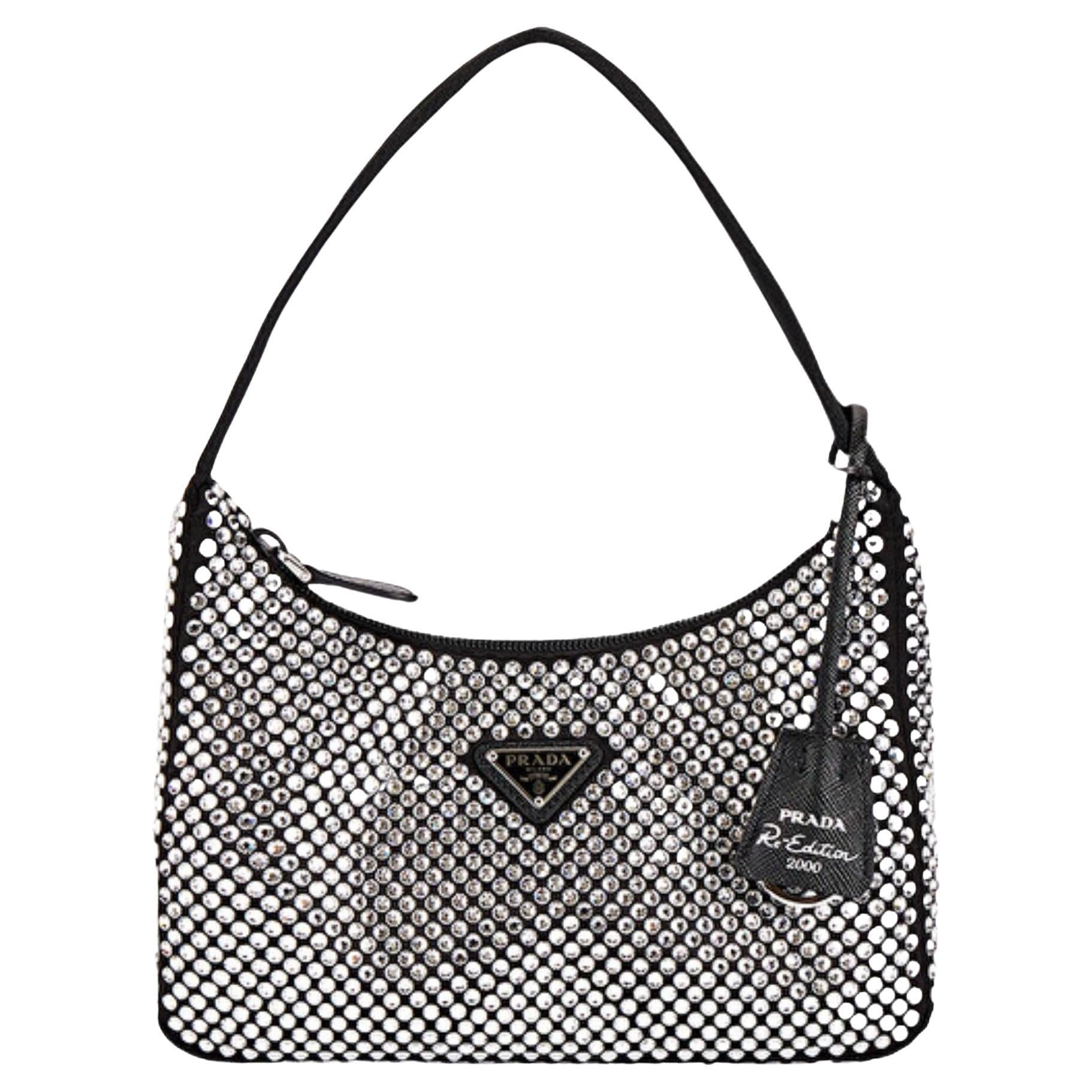 Prada Black Satin 2021 Crystal Re-edition 2000 Shoulder Bag For Sale