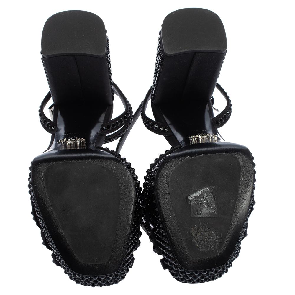 Prada Black Satin And Crystal Embellished Platform Sandals Size 38.5 In Good Condition In Dubai, Al Qouz 2