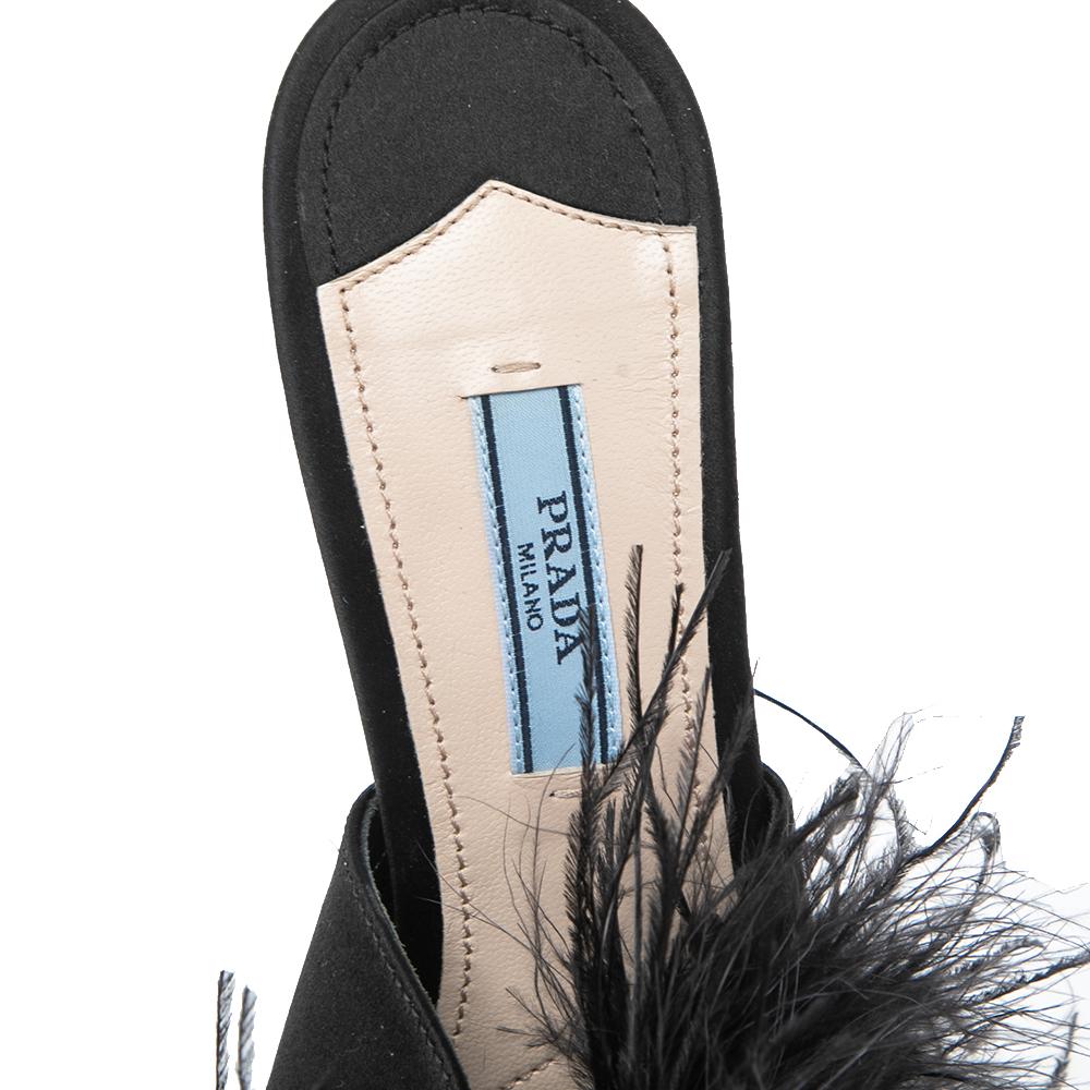 Women's Prada Black Satin And Feather Slide Sandals Size 38