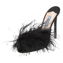 Prada Black Satin And Feather Slide Sandals Size 38