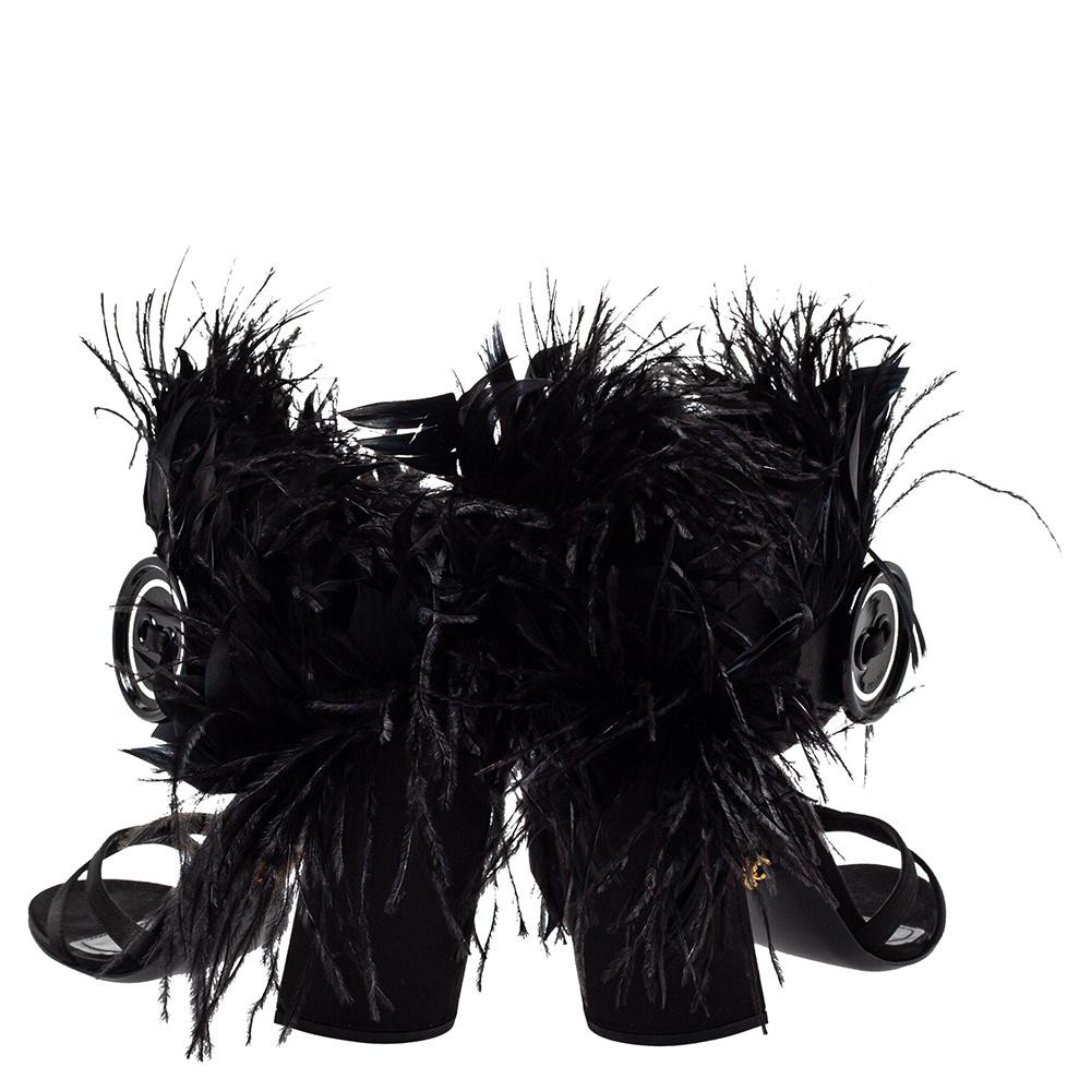 Prada Black Satin And Feather Trim Criss Cross Block Heel Sandals Size 39.5 1