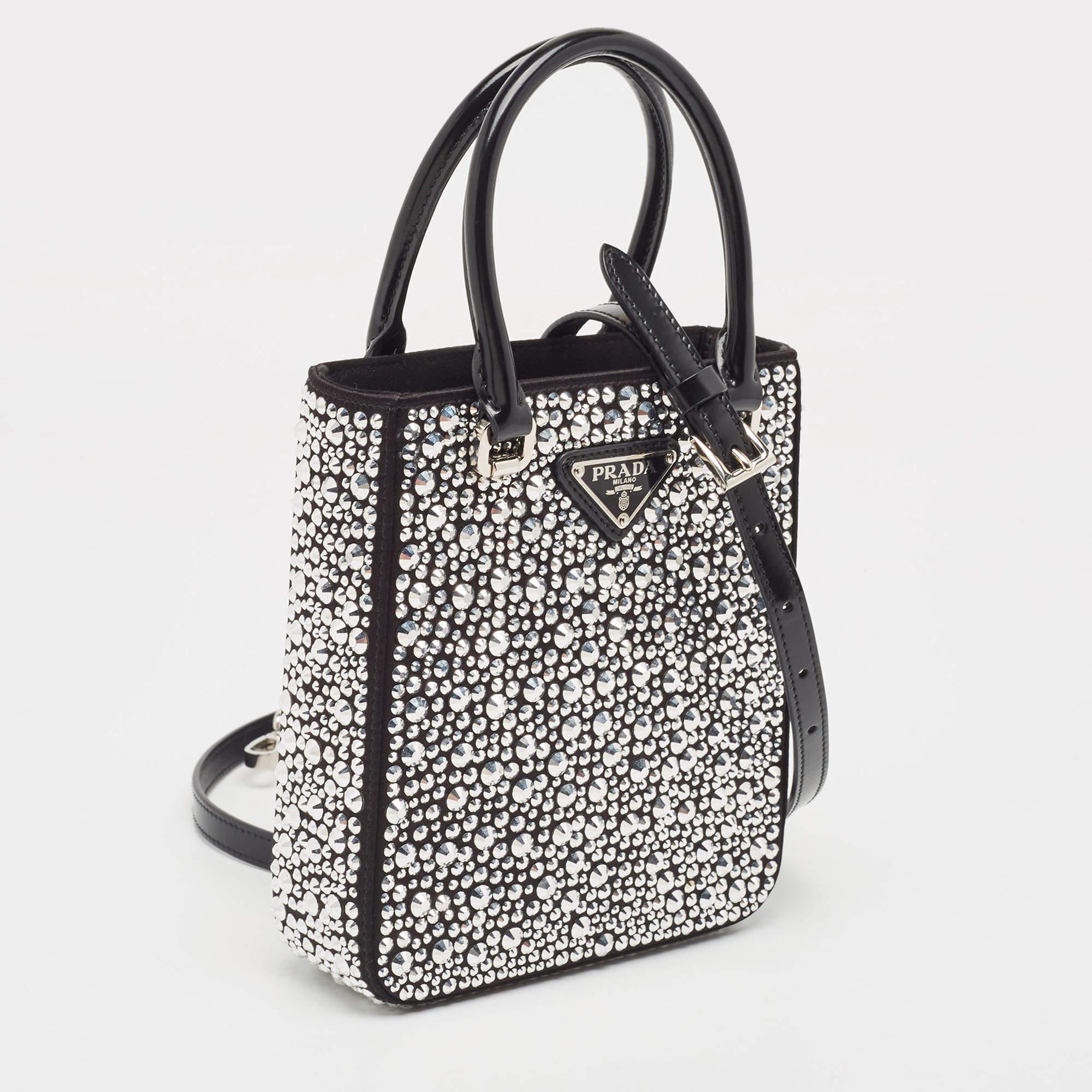 Prada Black Satin and Leather Small Crystal Embellished Tote In Excellent Condition For Sale In Dubai, Al Qouz 2