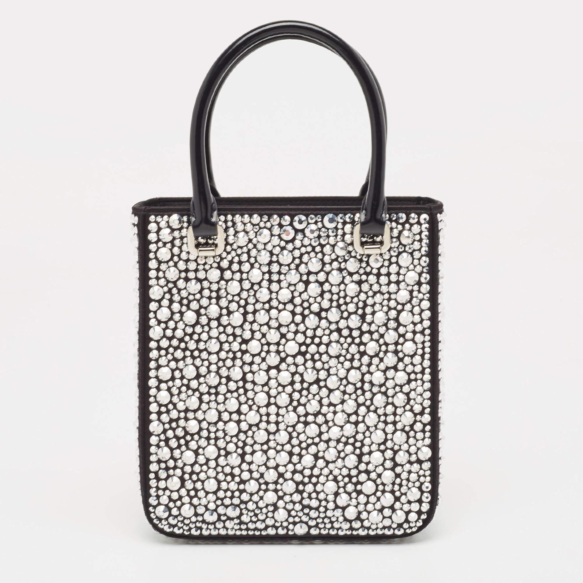 Prada Black Satin and Leather Small Crystal Embellished Tote 4