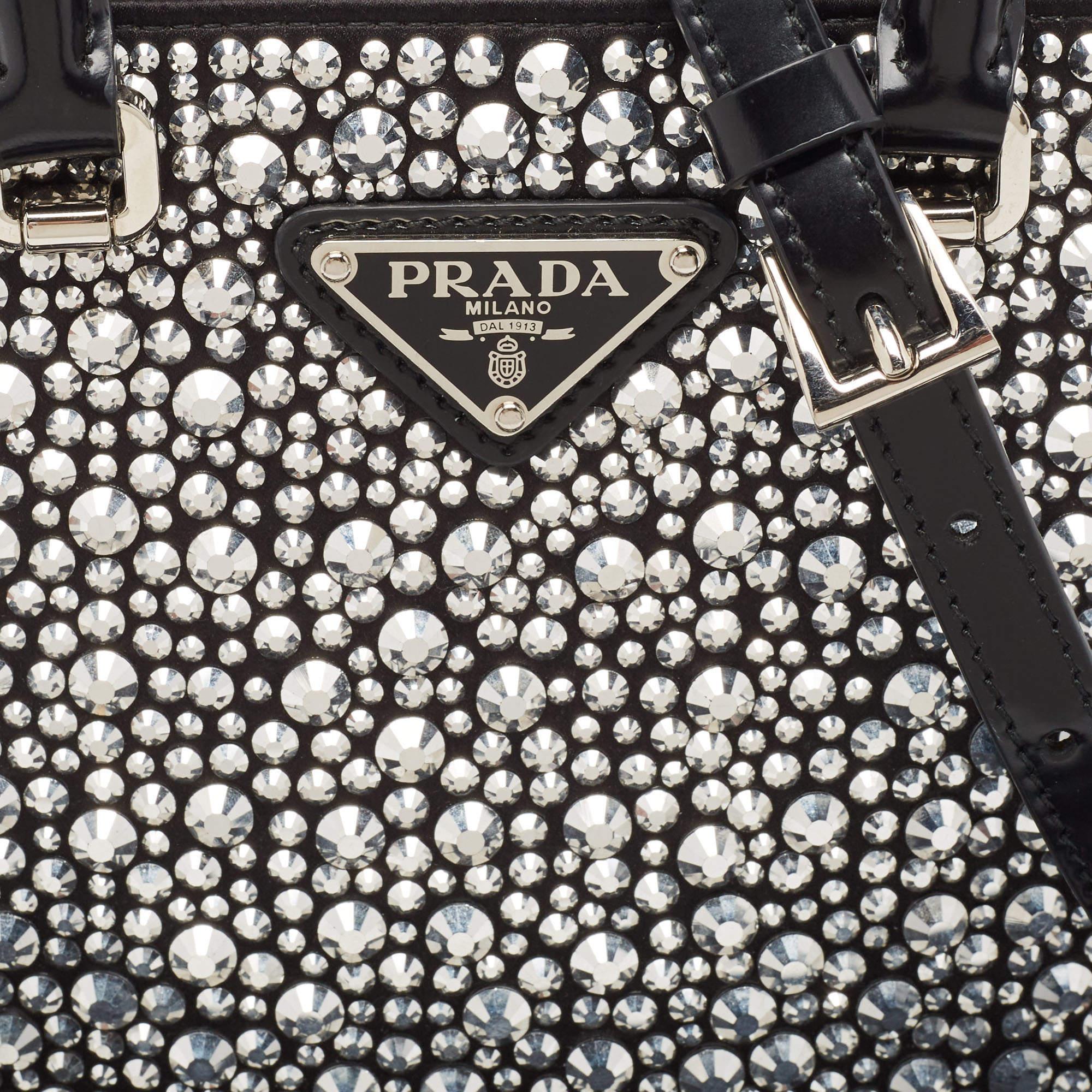 Prada Black Satin and Leather Small Crystal Embellished Tote For Sale 5