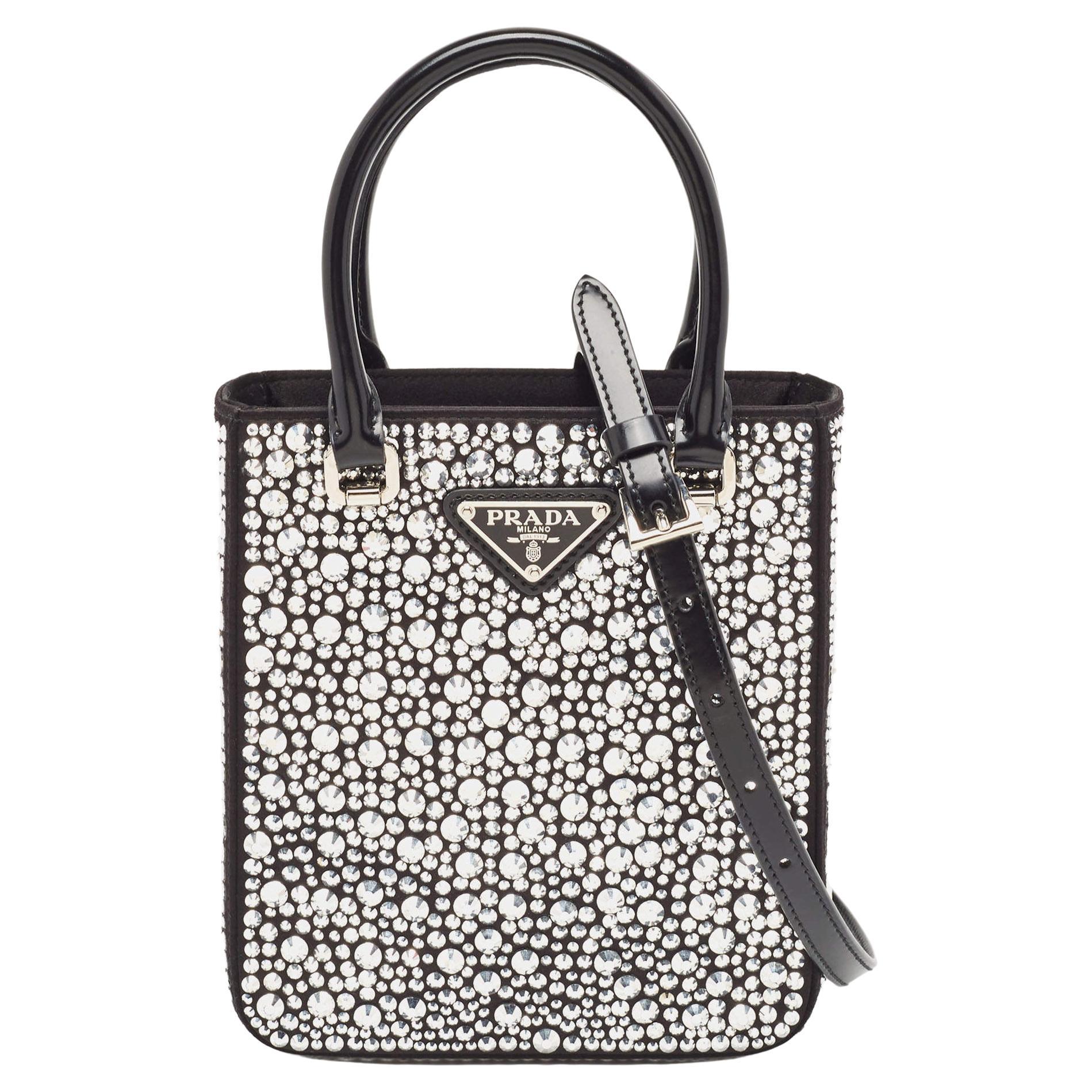 Prada Black Satin and Leather Small Crystal Embellished Tote For Sale
