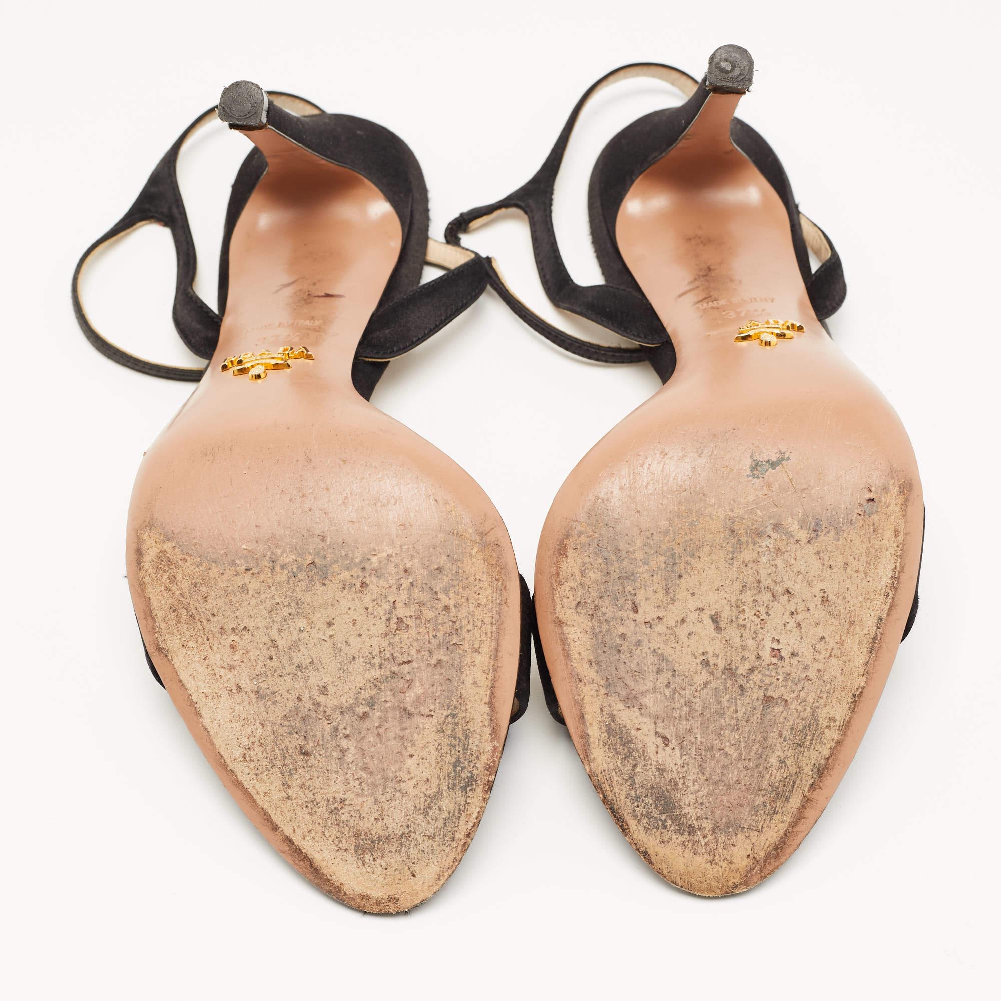 Prada Black Satin Ankle Strap Sandals Size 37.5 In Good Condition In Dubai, Al Qouz 2
