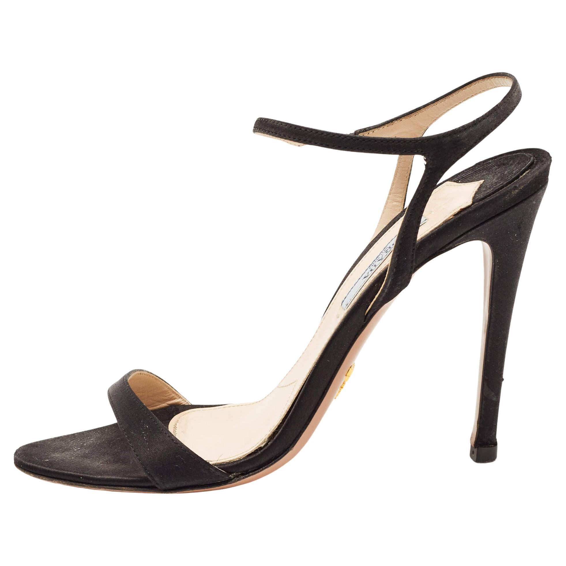Prada Black Satin Ankle Strap Sandals Size 37.5