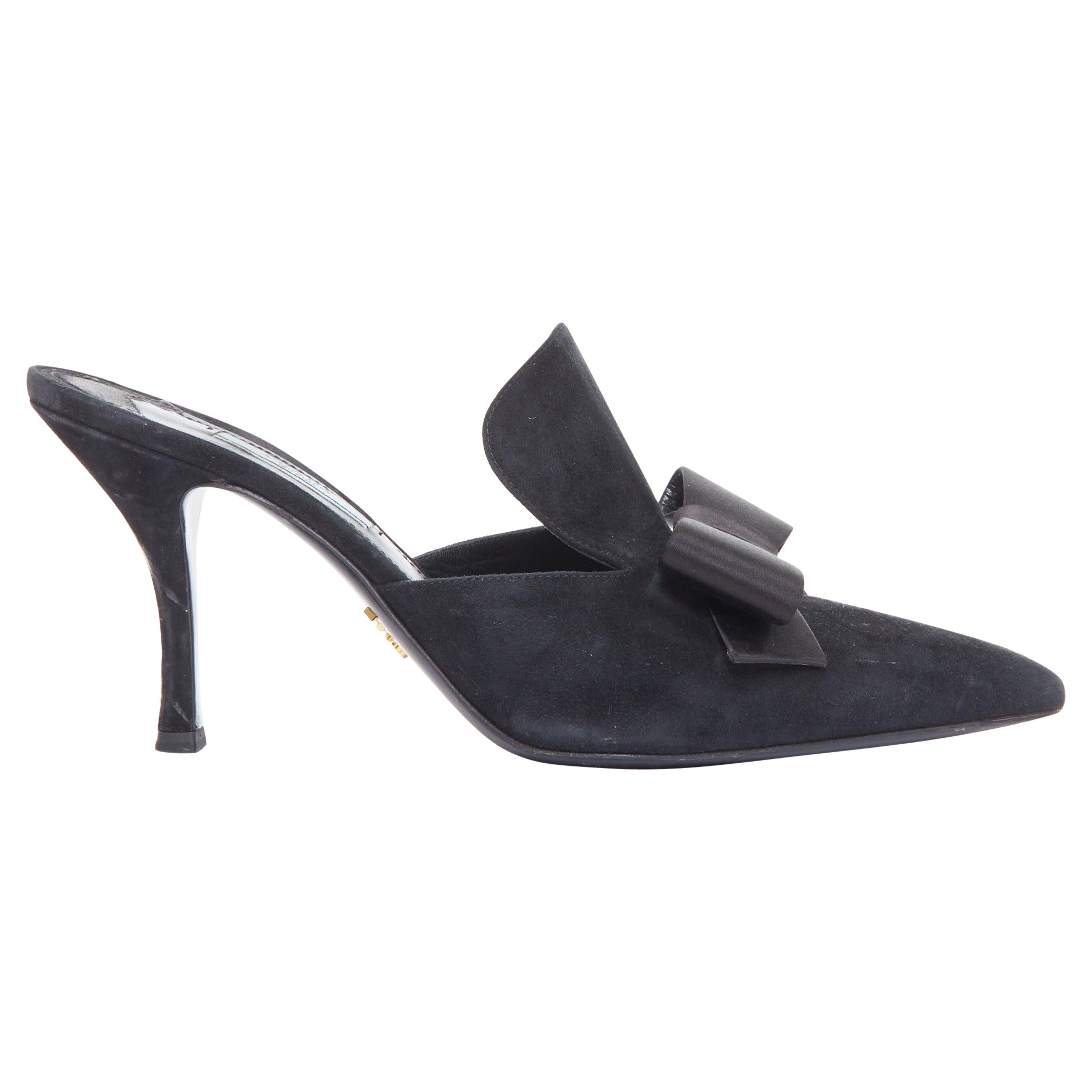 PRADA black satin bow front suede leather pointy mules EU39