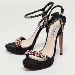 Prada Black Satin Crystal Embellished Ankle Strap Sandals Size 37