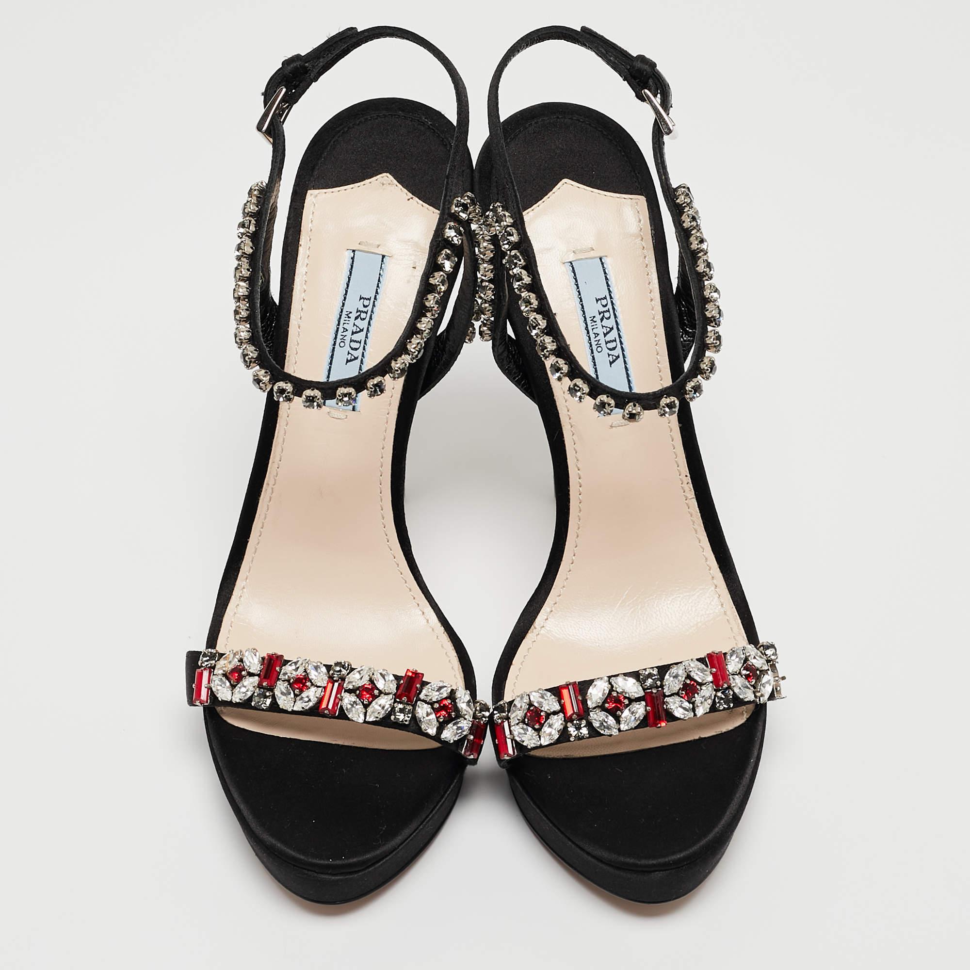 Prada Black Satin Crystal Embellished Ankle Strap Sandals Size 37 In Good Condition For Sale In Dubai, Al Qouz 2