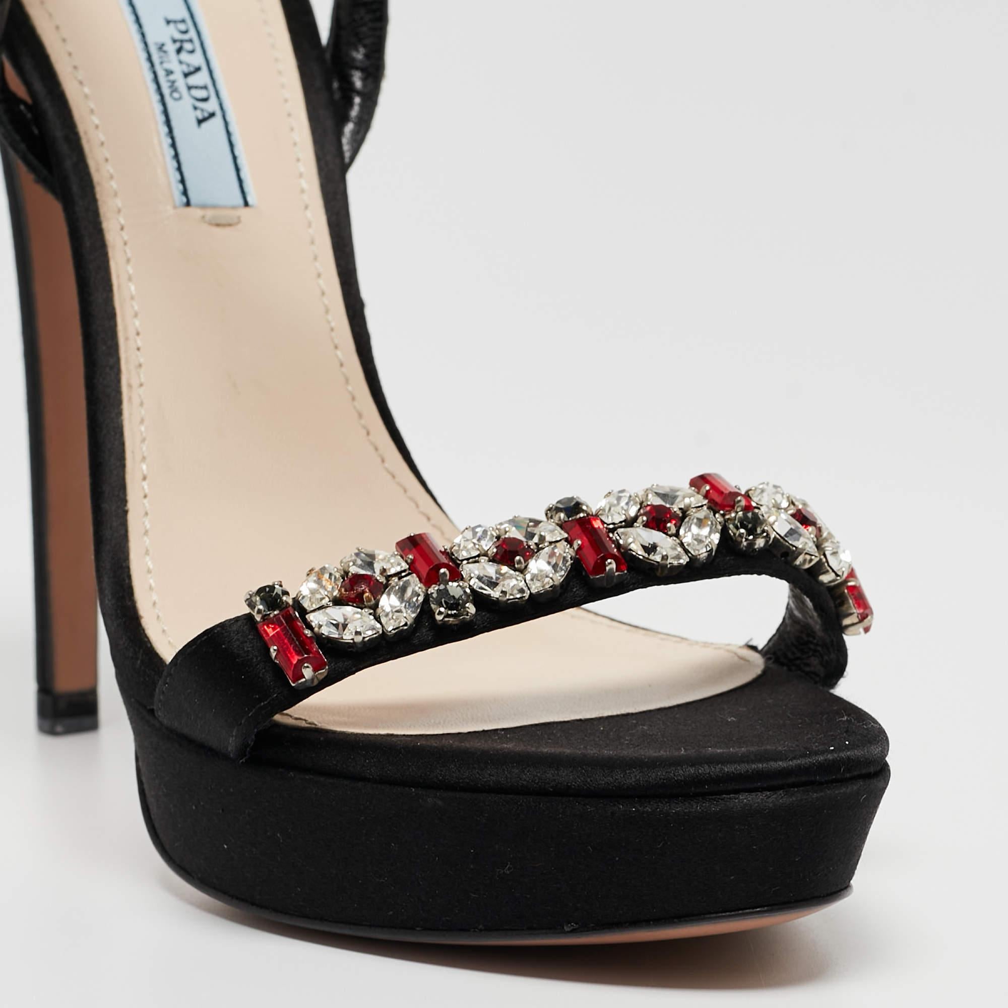 Prada Black Satin Crystal Embellished Ankle Strap Sandals Size 37 For Sale 1