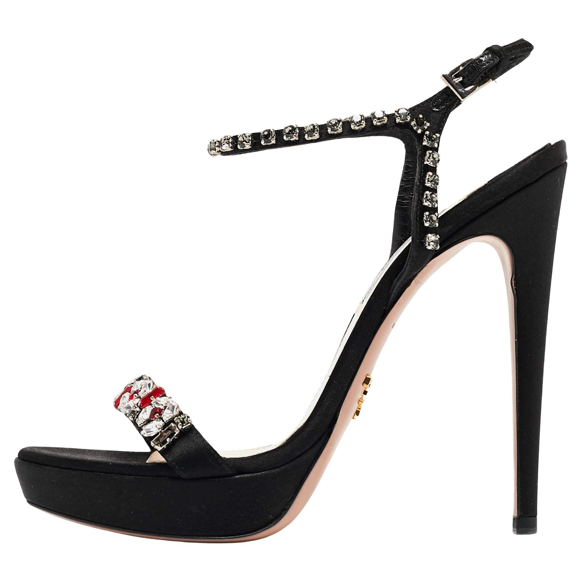 Prada Black Satin Crystal Embellished Ankle Strap Sandals Size 37 For Sale