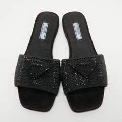 Prada Black Satin Crystal Embellished Flat Slides Size 38