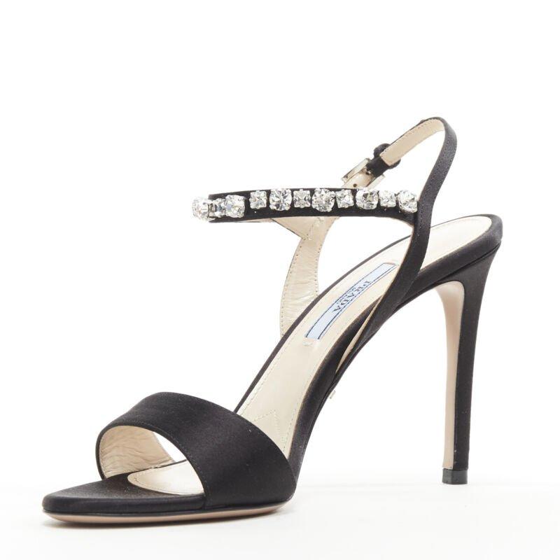 Women's PRADA black satin crystal embellished strappy high heel sandals EU37 For Sale