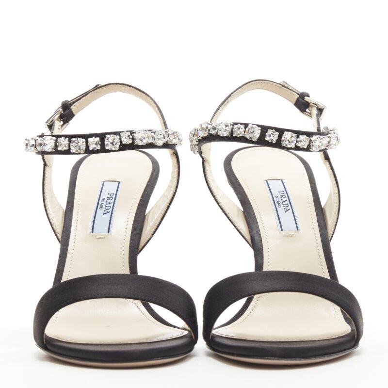 PRADA black satin crystal embellished strappy high heel sandals EU37.5 In Excellent Condition For Sale In Hong Kong, NT