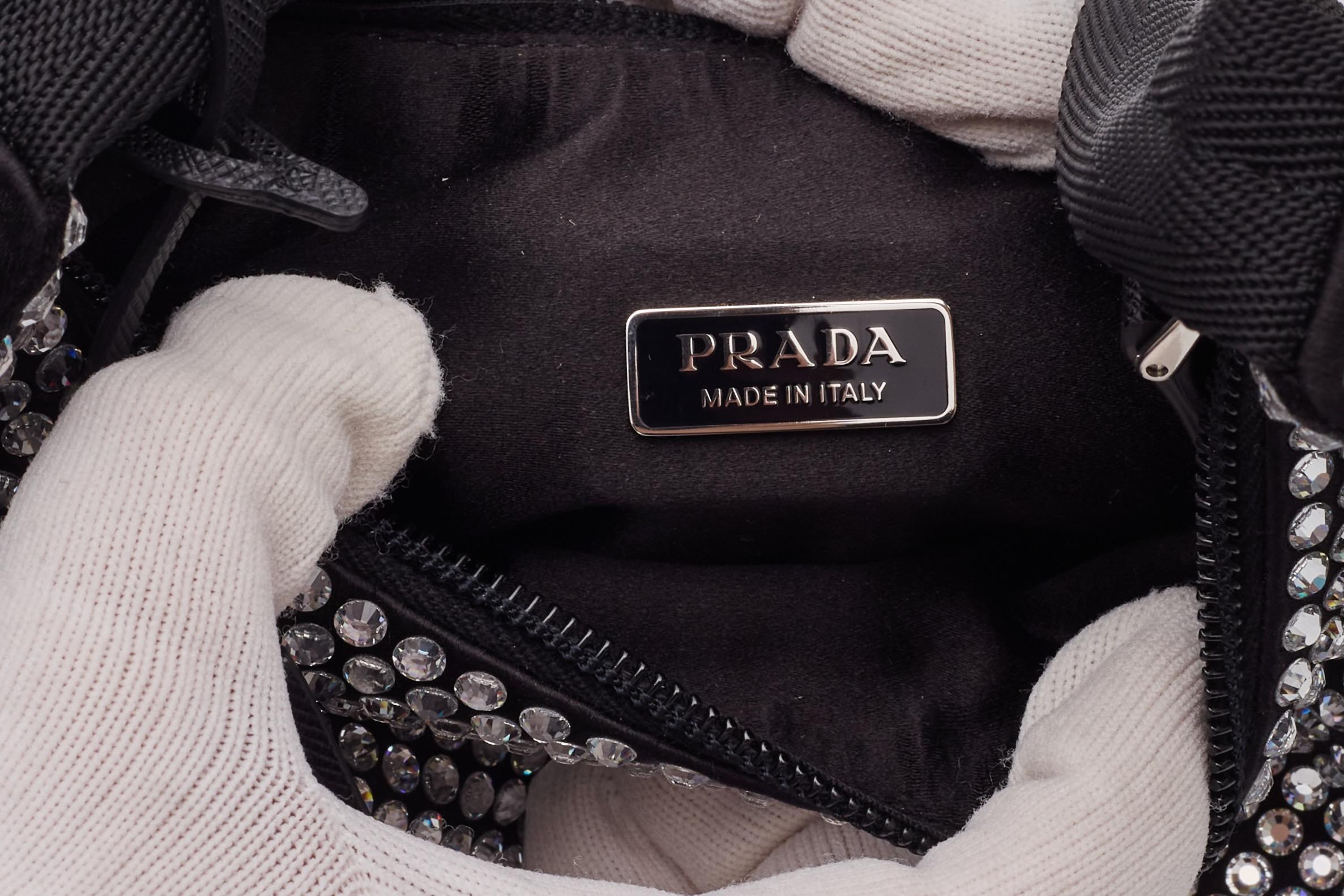 Prada Black Satin Crystal Mini Re-edition 2000 Bag For Sale 6