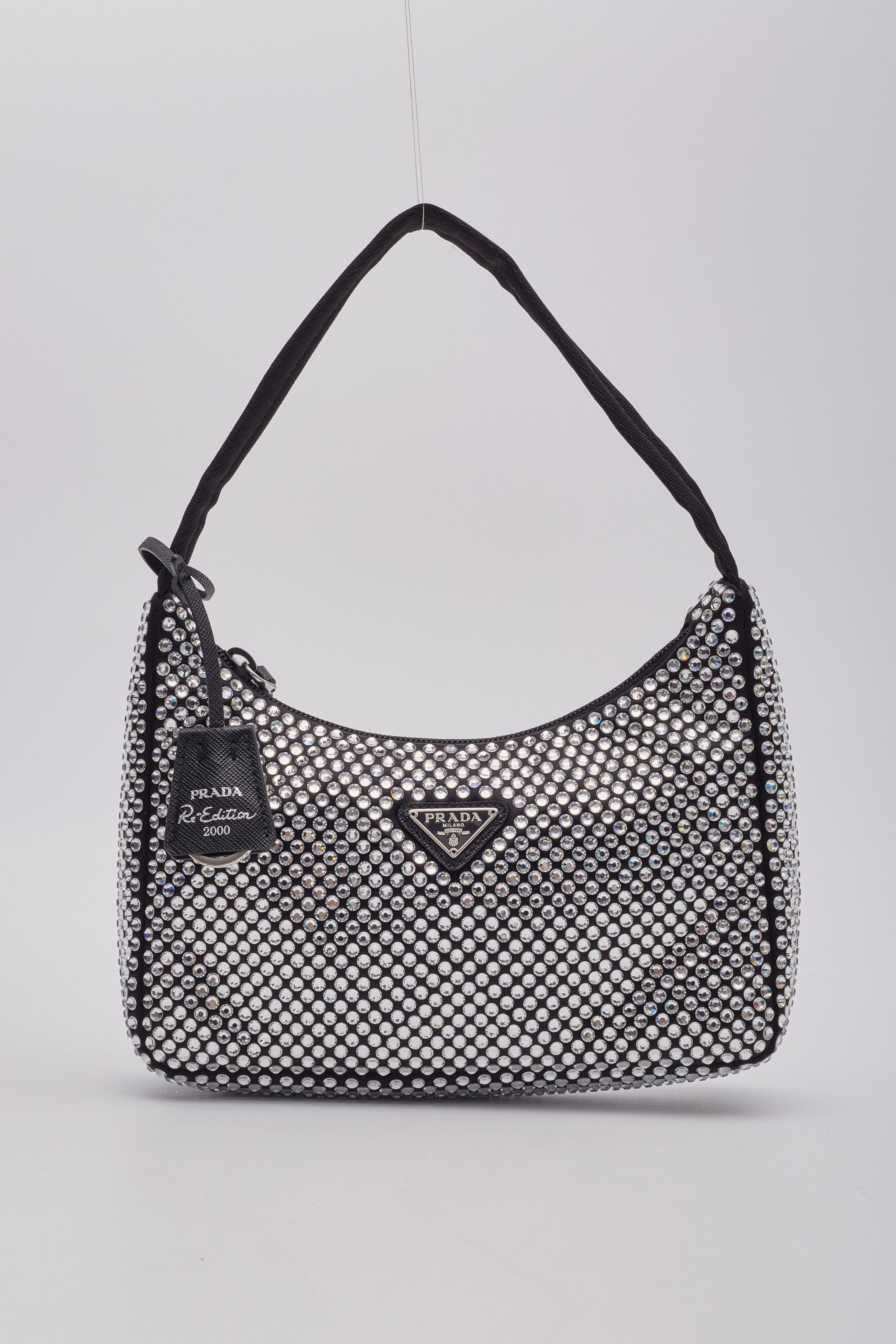 Prada Black Satin Crystal Mini Re-edition 2000 Bag In Excellent Condition For Sale In Montreal, Quebec