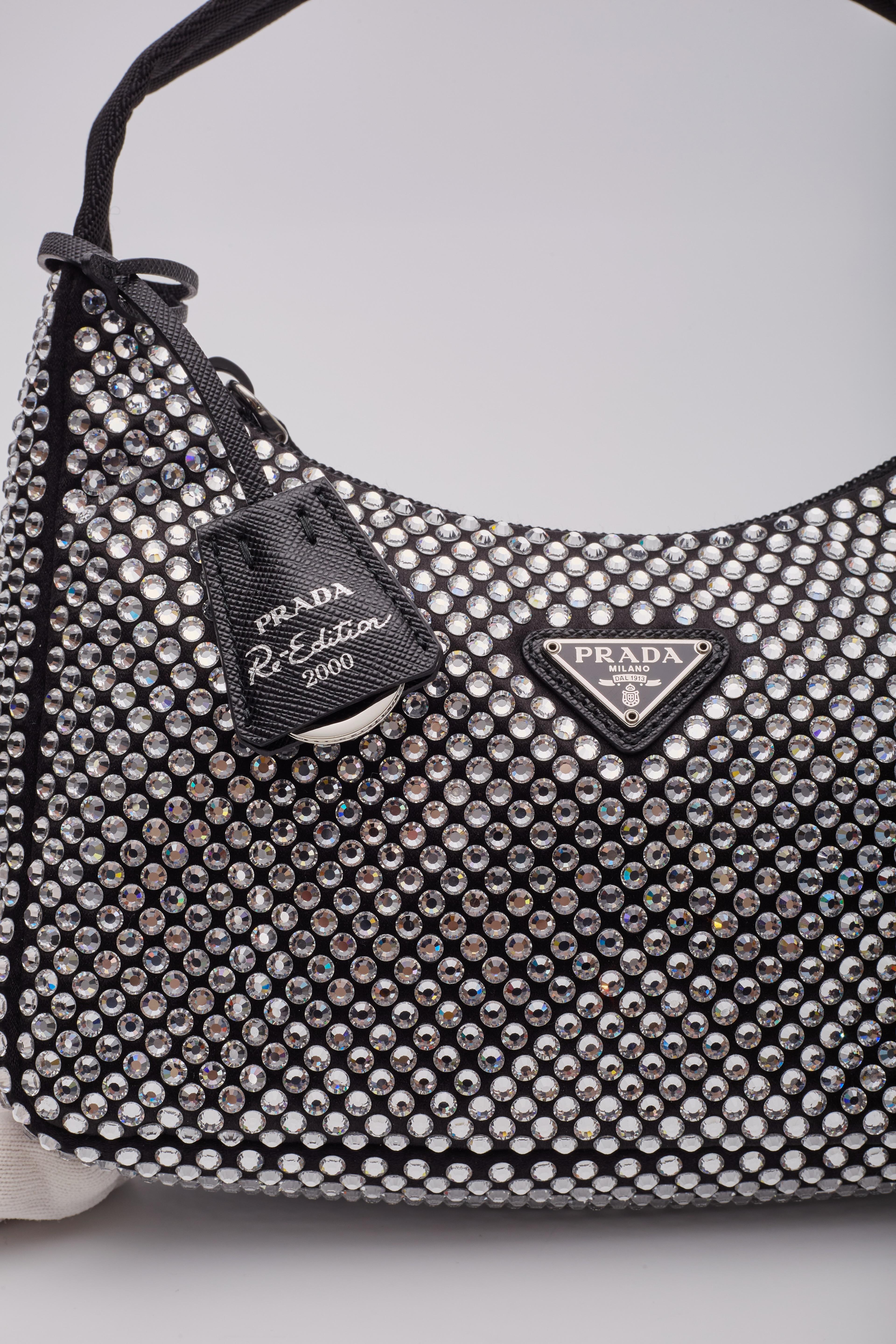 Prada Black Satin Crystal Mini Re-edition 2000 Bag For Sale 4