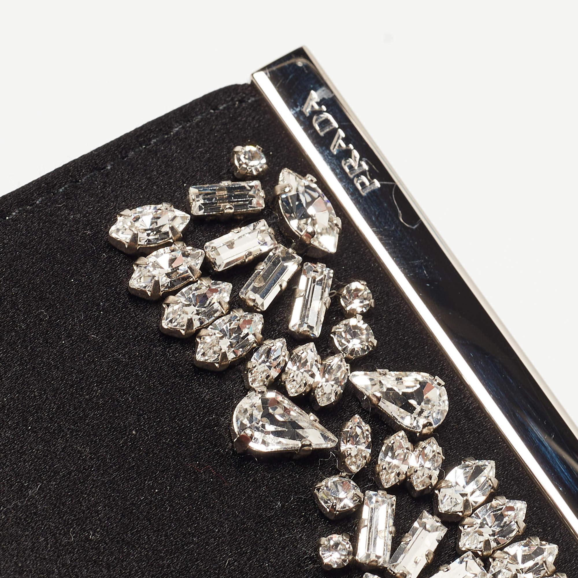 Prada Black Satin Crystals Embellished Flap Chain Clutch For Sale 7