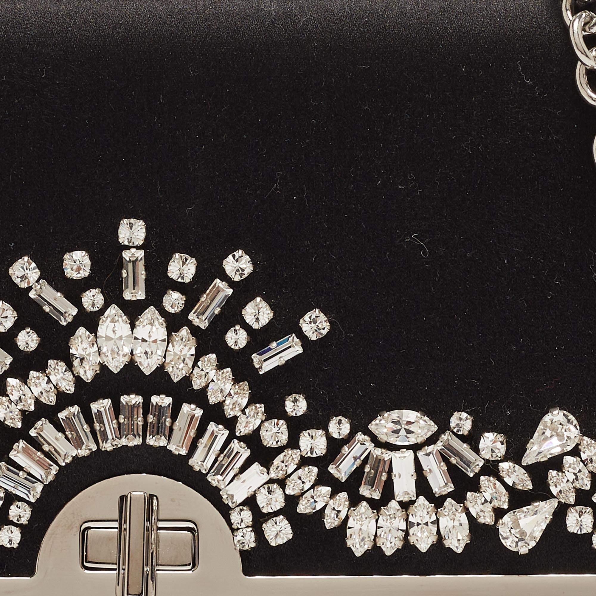 Prada Black Satin Crystals Embellished Flap Chain Clutch For Sale 9