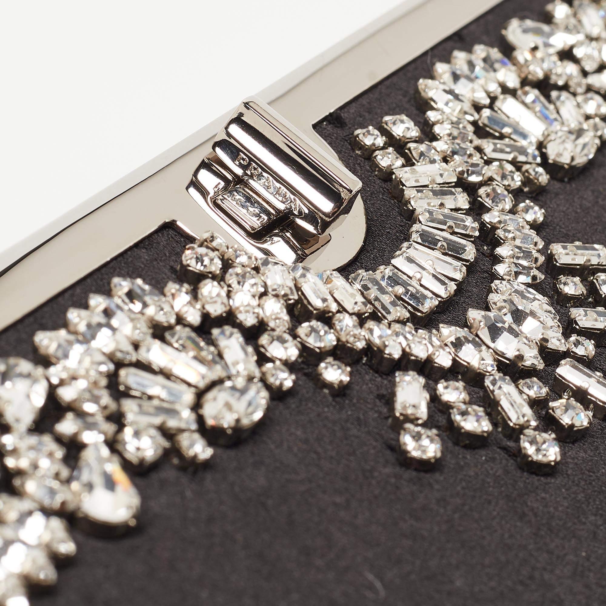 Prada Black Satin Crystals Embellished Flap Chain Clutch For Sale 10