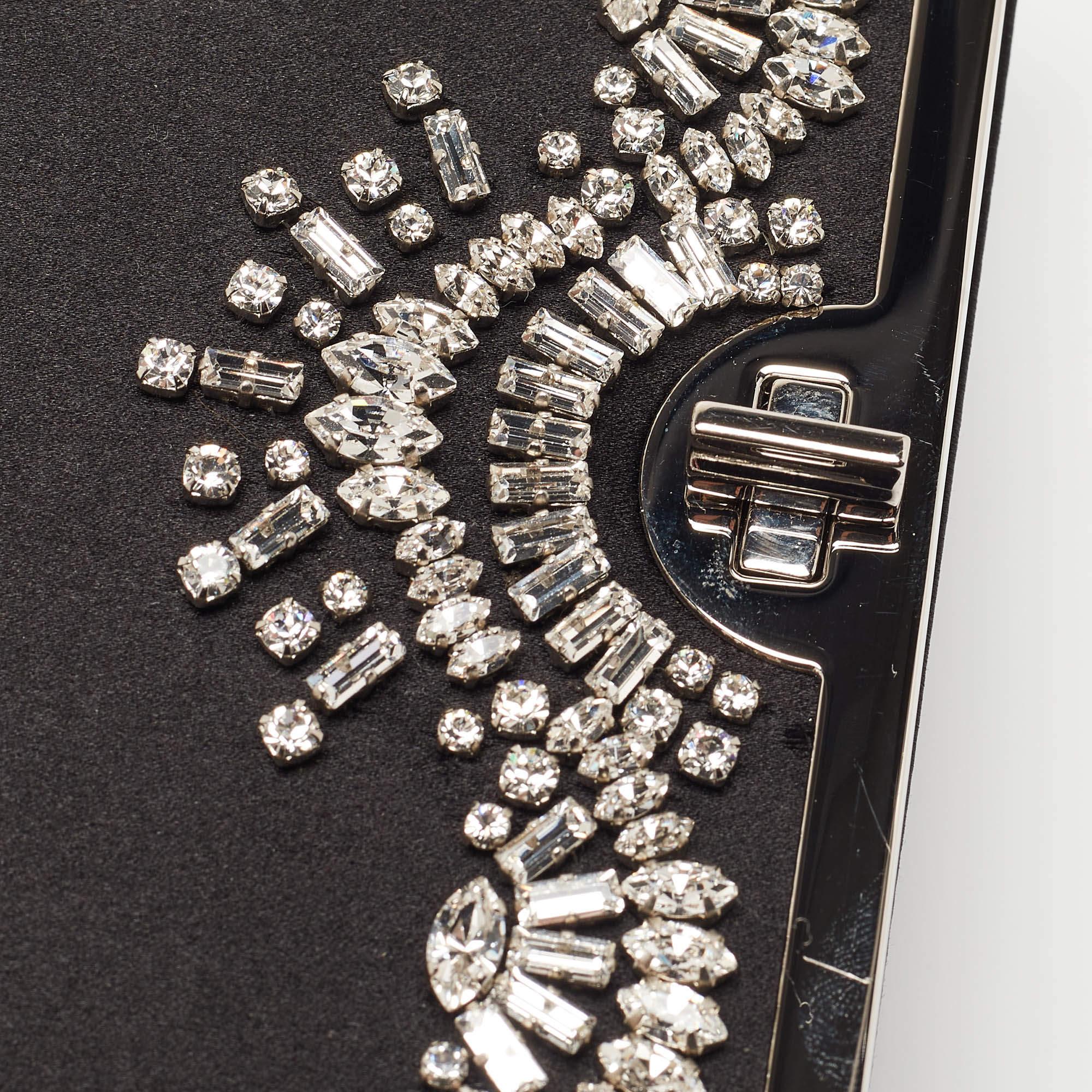 Prada Black Satin Crystals Embellished Flap Chain Clutch For Sale 5