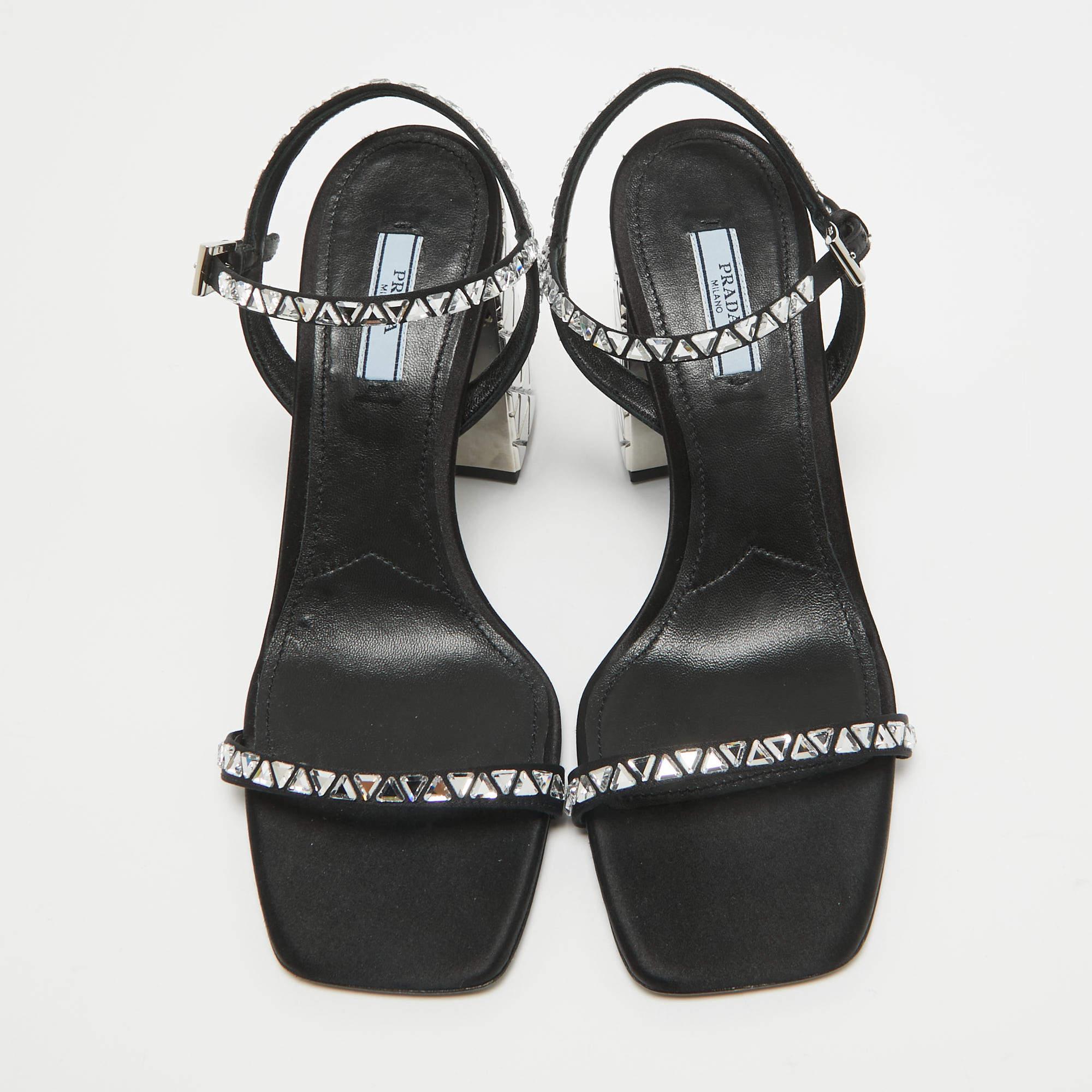 Prada Black Satin Embellished Ankle Strap Sandals Size 39 In Excellent Condition In Dubai, Al Qouz 2
